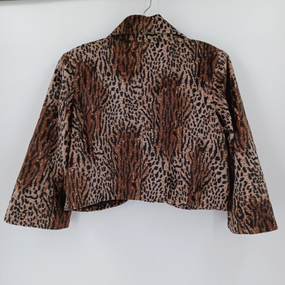 GUESS L Cropped Fur Lined Blazer Jacket Flared 3/4 Sleeve Y2K Retro Animal Print - Picture 9 of 15